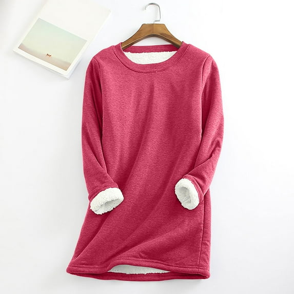 FAVIPT Plus Size Fleece Sweatshirts for Women Fleece Crewneck Sweatshirt Women Women's Thermal Fleece Tops Solid Color Round Neck Long Sleeve Pullover Red,XXXXL