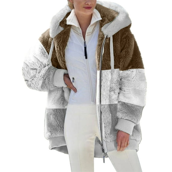 FAVIPT Plus Size Fuzzy Jackets for Women Sherpa Fleece Jacket Color Block Coat with Hood Winter Warm Shaggy Teddy Coats Khaki 4XL