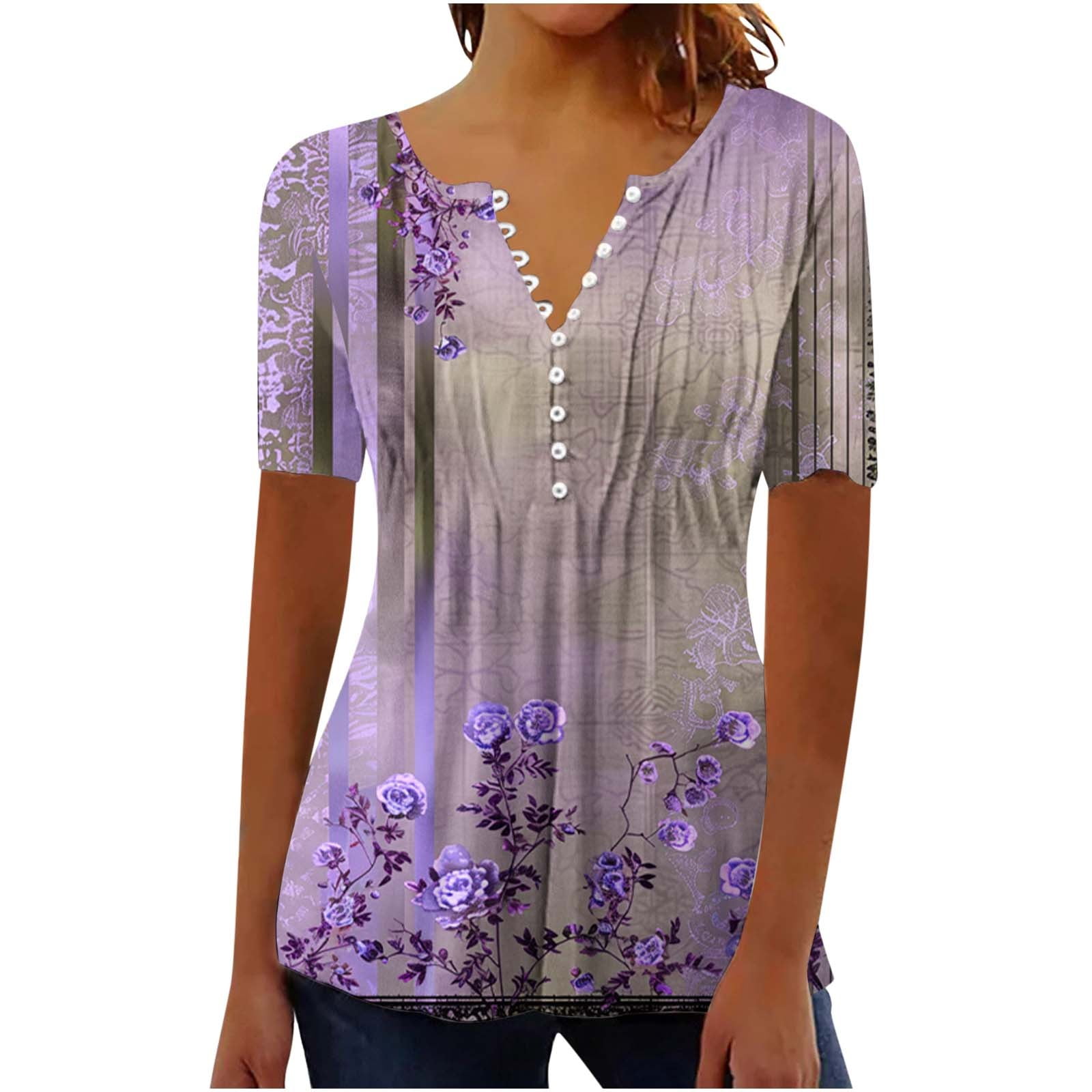 FAVIPT Plus Size Short Sleeve Shirts for Women Button Up Vneck Tops ...