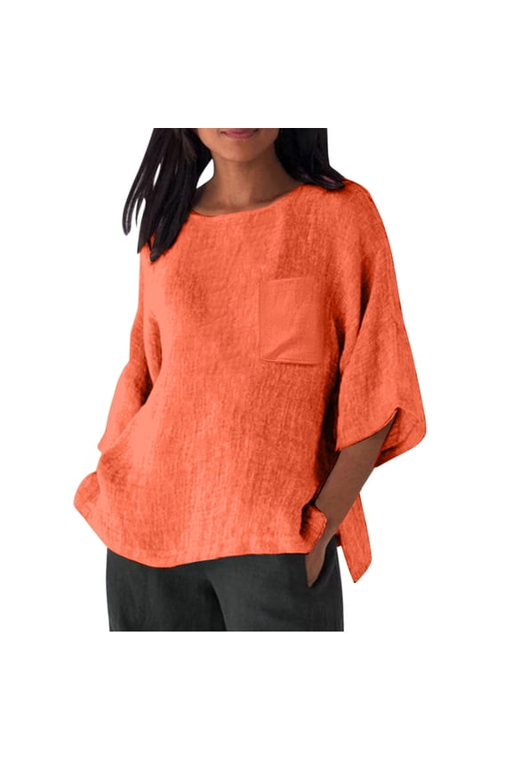 Plus Size Women's Linen Tunic,Womens Summer Linen Shirts Loose Fit 2024 Side Split Oversized 3/4 Sleeve Tunic Linen Blouses Casual Beach Wear