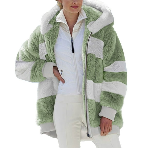 FAVIPT Plush Lined Coats for Women Plus Size Color Block Fuzzy Fleece Jacket with Hood Winter Warm Shaggy Teddy Coats Green S