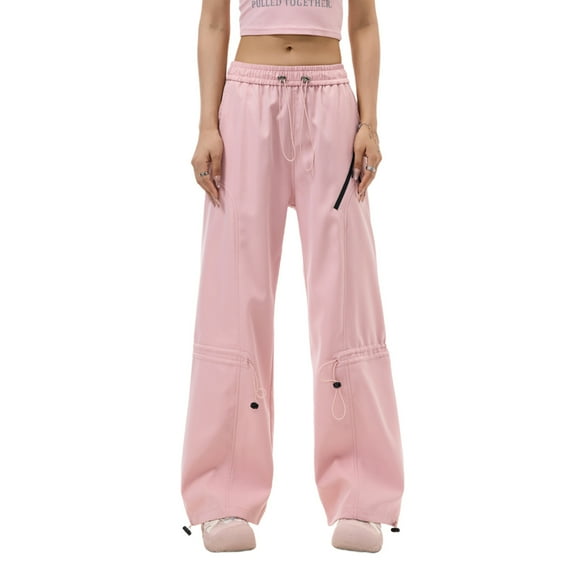 FAVIPT Pocket Wide Leg Cargo Pants for Women Elastic Waist Drawstring Trousers Breathable Outdoor Hiking Casual Streetwear Pink,XXL