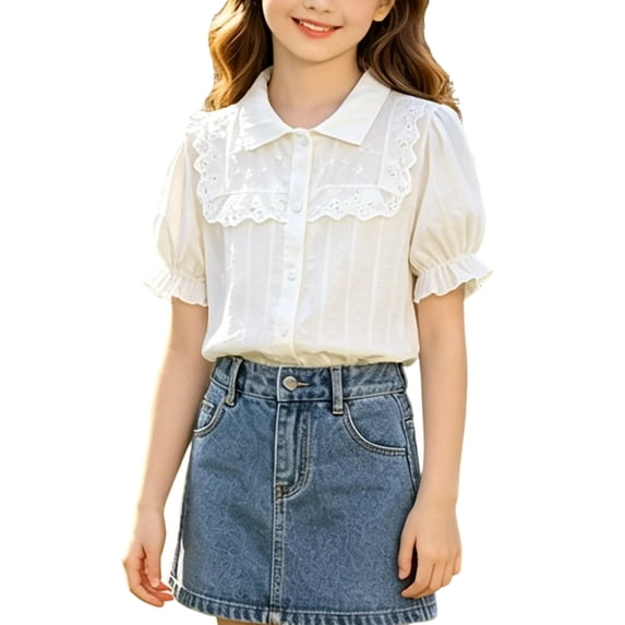 FAVIPT Puff Short Sleeve Shirts for Kids Summer Cotton Lace Trim Collar Blouse Casual Cute Solid Button School Shirt White,11-12 Years