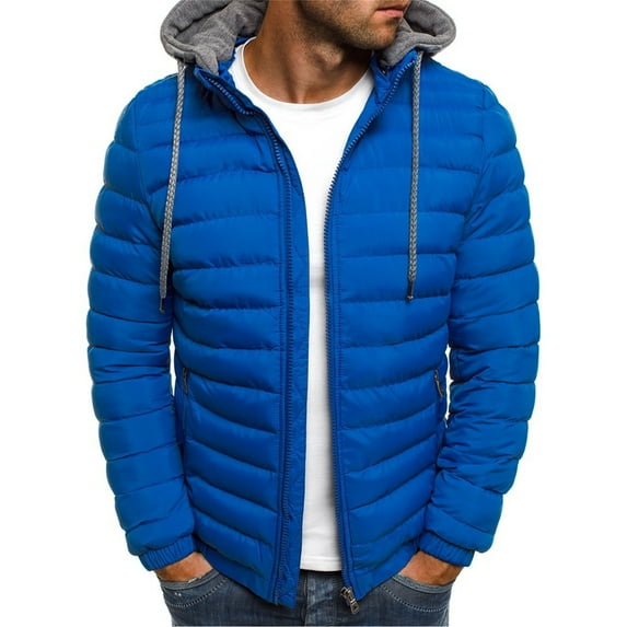 FAVIPT Puffer Coats for Men Big and Tall Full Zip Lightweight Jackets Padded Winter Warm Casual Hooded with Pockets Blue,XXXL