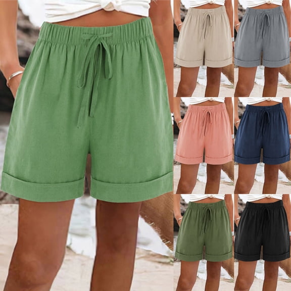 FAVIPT Pull On Cotton Shorts Women Drawstring Elastic High Waisted Solid Shorts 7 Inch Beach Vacation Pockets Outfits Black,XXL