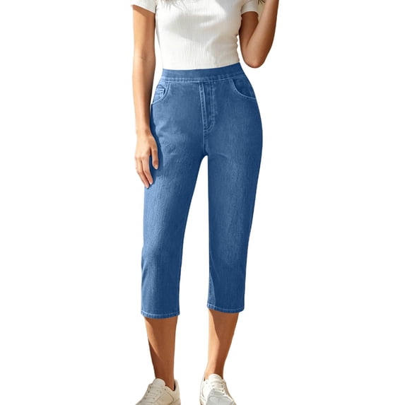 FAVIPT Pull On Denim Capris for Women Elastic High Waisted Casual Jegging Stretchy Skinny Solid Crop Pants with Pockets Blue,L
