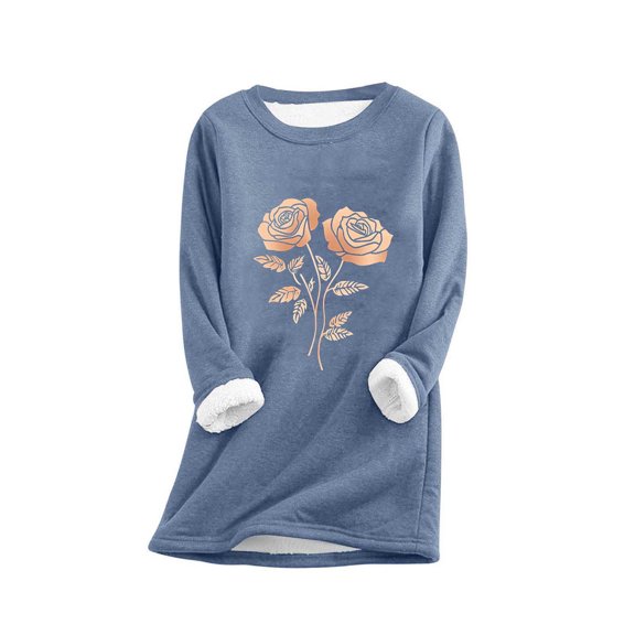 FAVIPT Pullover Fleece Sweatshirts for Women Lined Sherpa Thicken Wool Soft Underwear Long Sleeve Floral Print Tops Crew Neck Winter Warm Tees Blue,XXL