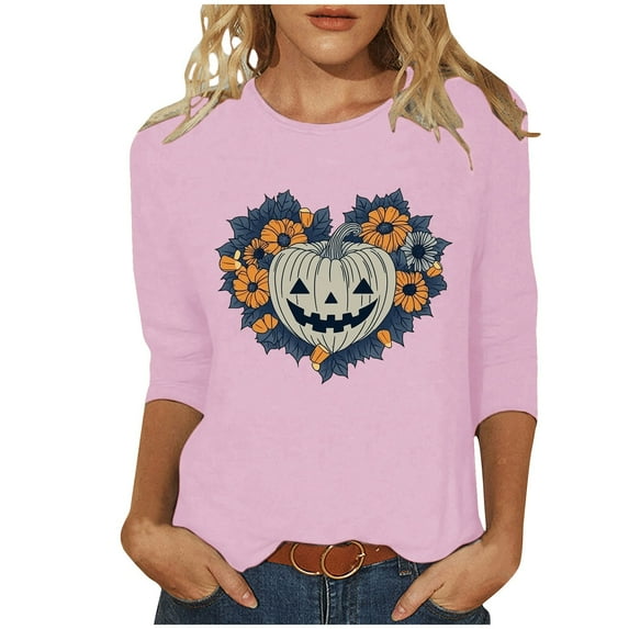 FAVIPT Pumpkin T Shirt for Women Halloween Cute Graphic Print Shirts Quarter Sleeve Round Neck Blouses Casual Fashion Fall 2025 Tees Pink,L