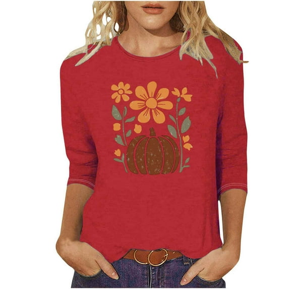 FAVIPT Pumpkin Tee Shirts for Women 3/4 Sleeve Crew Neck Blouses Halloween Cute Print Vacation Shirts Casual Trendy Fall 2025 Tees Red,M