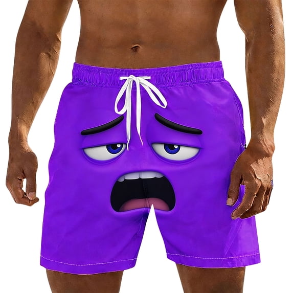 FAVIPT Quick Dry Summer Swim Trunks Men's Cartoon Face Print Shorts Beach Holiday Pool Swimwear 2026 Purple,XXL