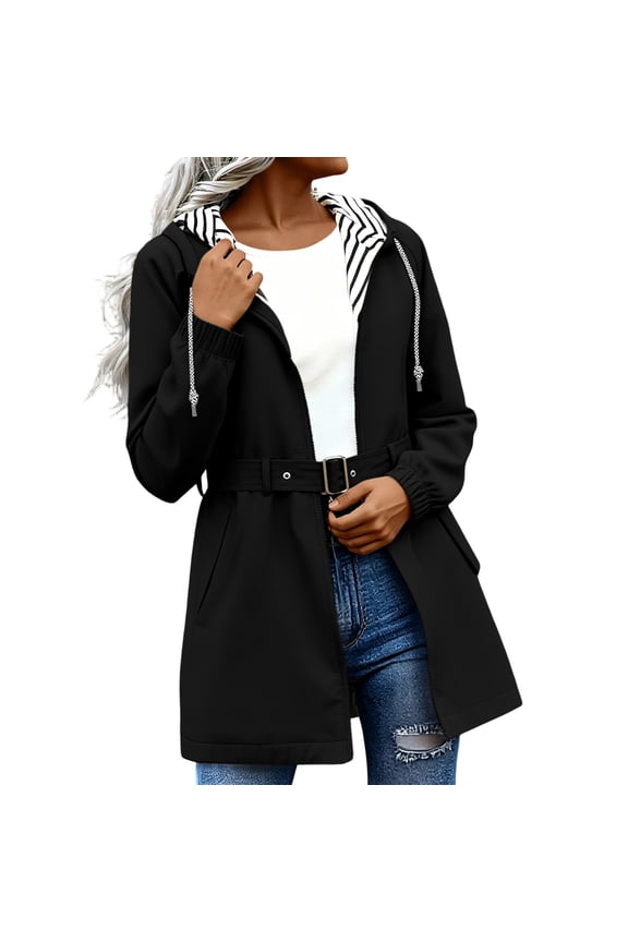 Rain Coats for Women Waterproof Windbreaker Full Zip Pockets Jackets Belted Striped Outdoor Hiking Summer Outerwear Black,L