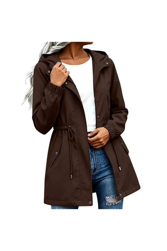 Rain Coats for Women Waterproof Windbreaker Full Zip Pockets Jackets Cinch Waist Lightweight Outdoor Summer Outerwear 2026 Brown,XXL