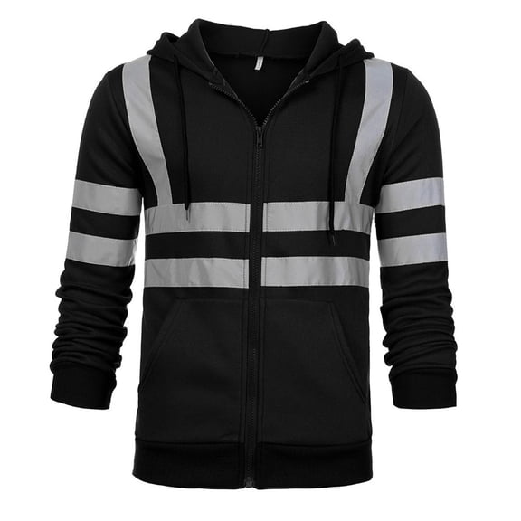 FAVIPT Reflective Hoodie for Men High Visibility Safety Hooded Sweatshirt Full Zip up Lightweight Security Jacket Hi-Vis Hoodies 2025 Black,L
