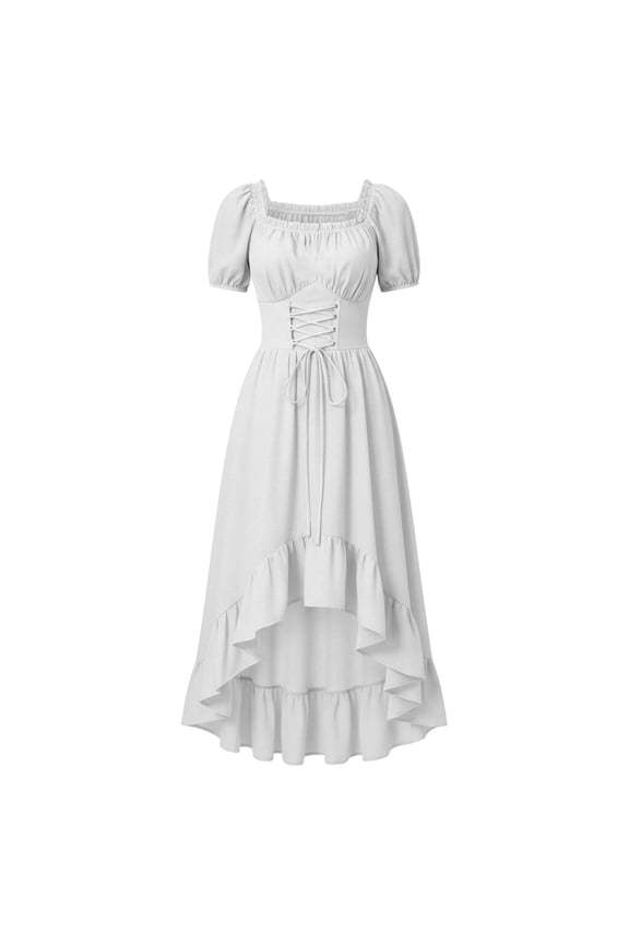 Renaissance Corset Dress for Women Lace Up Puff Short Sleeve Maxi Dresses Ruffle Hem Square Neck Medieval Halloween Costume White,M