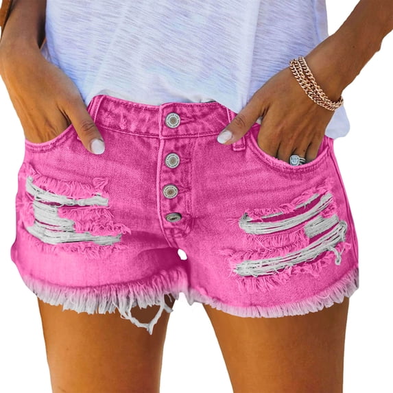 FAVIPT Ripped Jean Shorts for Women High Waisted Hot Frayed Hem Jorts Distressed Tassel 3 Inch Trendy Shorts Hot Pink,S