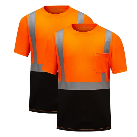 FAVIPT Safety Short Sleeve Shirts for Men 2 Pack Reflective Hi Vis Work T Shirt Pocket Crewneck High Visibility Big and Tall 2025 Orange,XXXXL