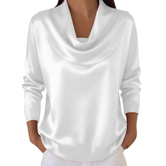 FAVIPT Satin Drape Silk Blouse for Women Ruched Long Sleeve tops Cowl Neck Business Casual Office Shirts White,XL