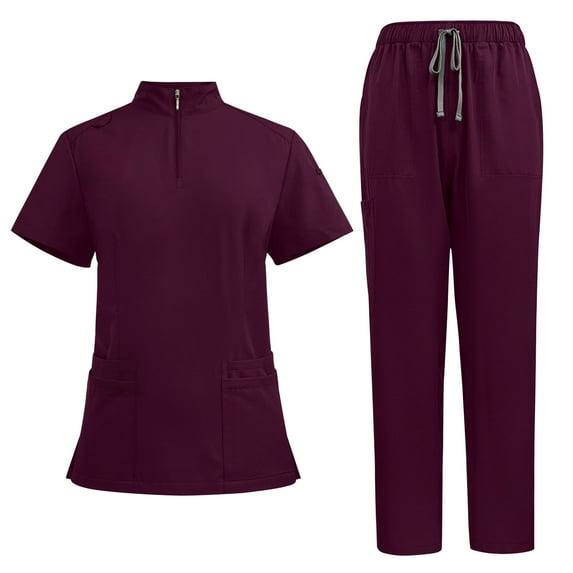 FAVIPT Scrub Sets for Women Nursing Uniforms Scrubs Sets Short Sleeve Quarter Zip Stretch Scrub Top Elastic Waist Scrub Pant with Multi Pockets Wine,S