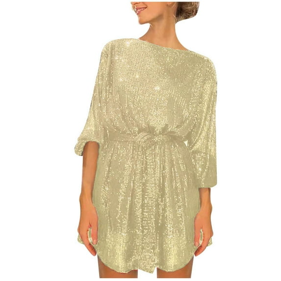 FAVIPT Sequin Dress for Women Long Sleeve Crewneck Evening Dresses Silver Sparkly Mini Short Dress Cocktail Party Prom Formal Dress