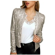 FAVIPT Sequin Jacket for Women Cropped Cardigan Puff Sleeve Shiny Sparkly Shrug Clubwear Glitter Open Front Jackets