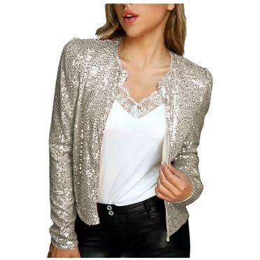 FAVIPT Sequin Jacket for Women Cropped Cardigan Puff Sleeve Shiny Sparkly Shrug Clubwear Glitter Open Front Jackets