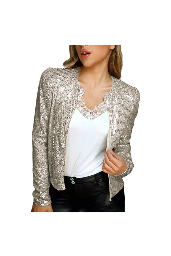 Sequin Jacket for Women Cropped Cardigan Puff Sleeve Shiny Sparkly Shrug Clubwear Glitter Open Front Jackets
