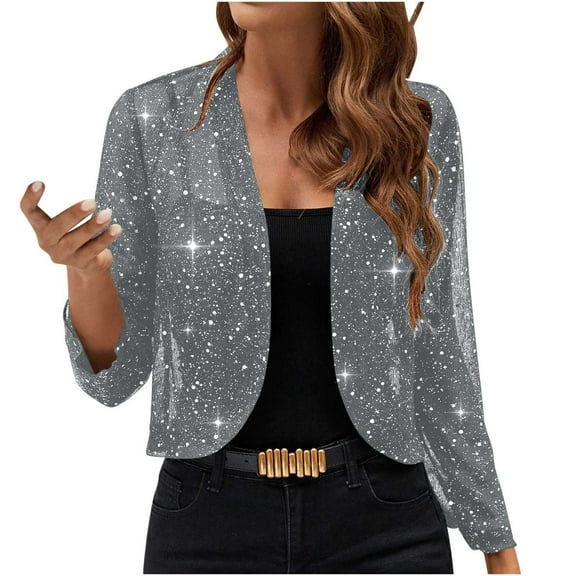 FAVIPT Sequin Jacket for Women Long Sleeve Open Front Cardigan Fashion Glitter Bolero Shrugs for Evening Party 2025 Gray,XXL