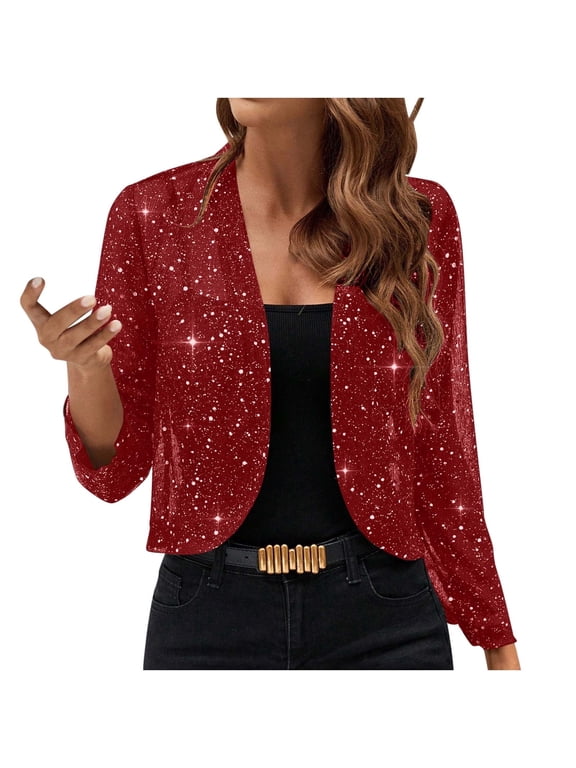 Sequin Jacket for Women Long Sleeve Open Front Cardigan Fashion Glitter Bolero Shrugs for Evening Party 2025 Red,XXL