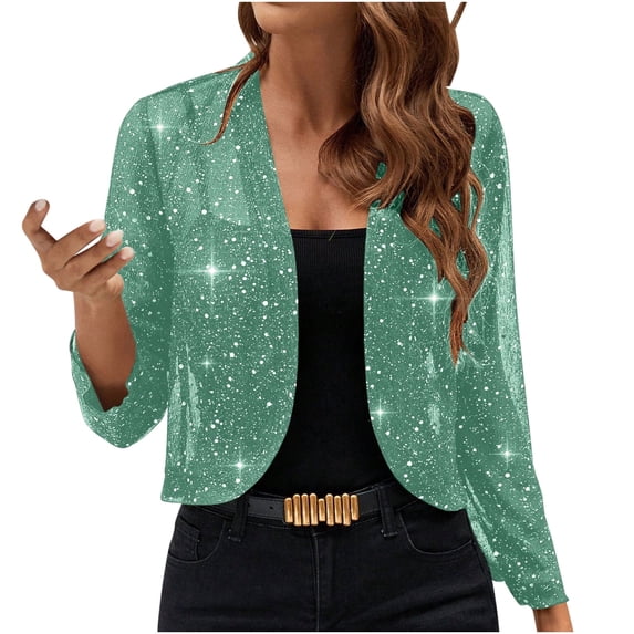 FAVIPT Sequin Jacket for Women Open Front Long Sleeve Fashion Blazer Bolero Shrugs Mesh Glitter Evening Party Cardigans Blue,L