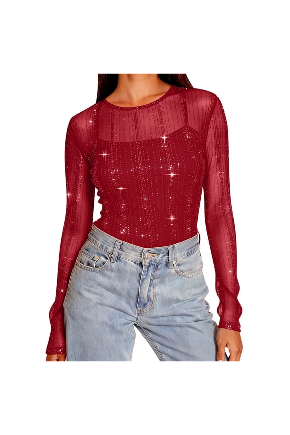 Sequin Rhinestone Tops for Women Mesh Crew Neck Long Sleeve Tees Sheer See Through Party Night Blouse Red,XL