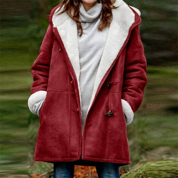 FAVIPT Sherpa Coats for Women Plus Size Fleece Jackets Horn Button Hooded Overcoats Winter Faux Suede Thermal Outerwear 2024 Wine 4XL