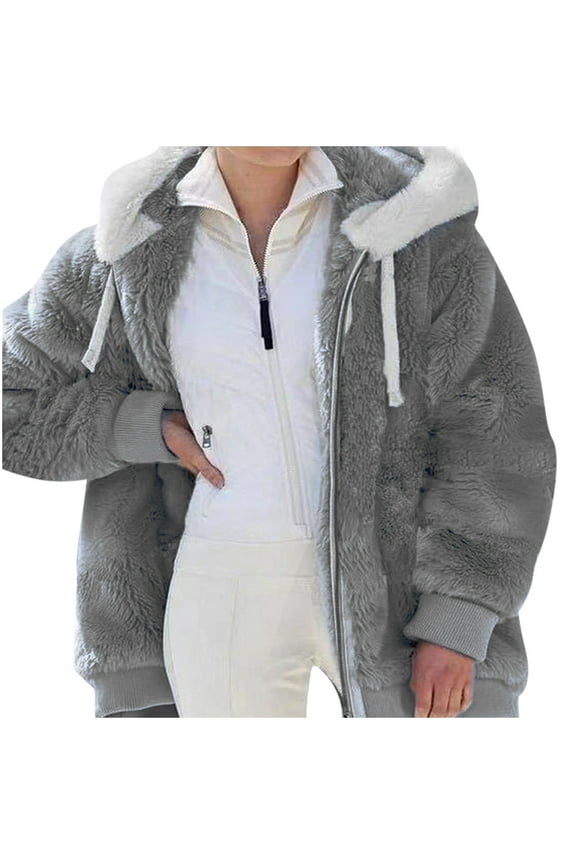Plus Size Fuzzy Jacket for Women Sherpa Fleece Jacket Color Block Coat with Hood Winter Warm Shaggy Teddy Coats Dark Gray 4XL