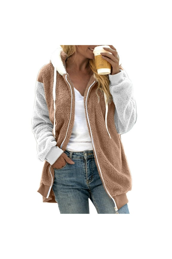 Winter Coats for Women Casual Fleece Jacket Colorblock Warm Soft Outdoor Sherpa Lined Thick Coat Outwear with Pockets,Womens Coats Sale
