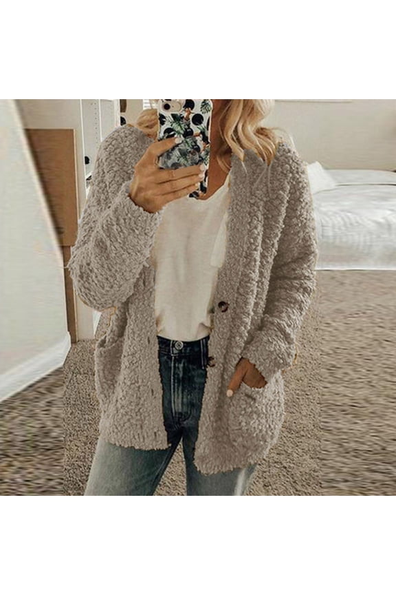 Sherpa Fleece Jacket Women Open Front Cardigan Sweaters Button Up Coat Fall Winter Thermal Soft Outerwear 2024 Gray M
