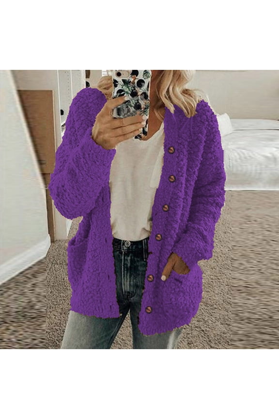 Sherpa Fleece Jacket Women Open Front Cardigan Sweaters Button Up Coat Fall Winter Thermal Soft Outerwear 2024 Purple L