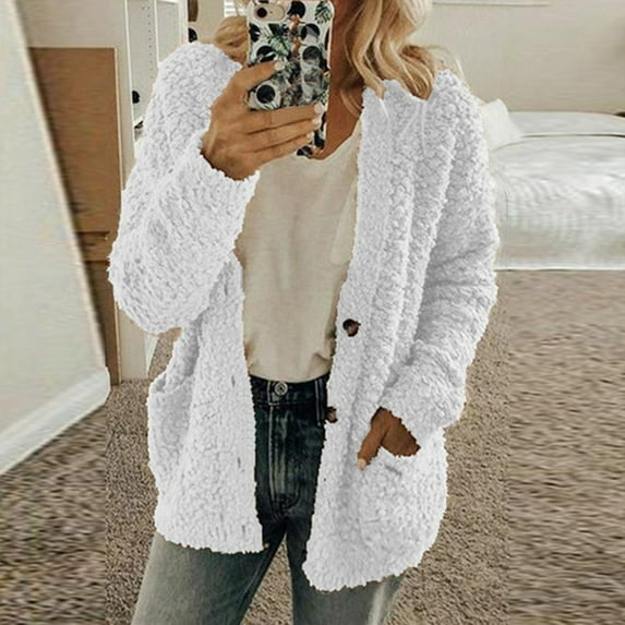 FAVIPT Sherpa Fleece Jacket Women Open Front Cardigan Sweaters Button Up Coat Fall Winter Thermal Soft Outerwear 2024 White S