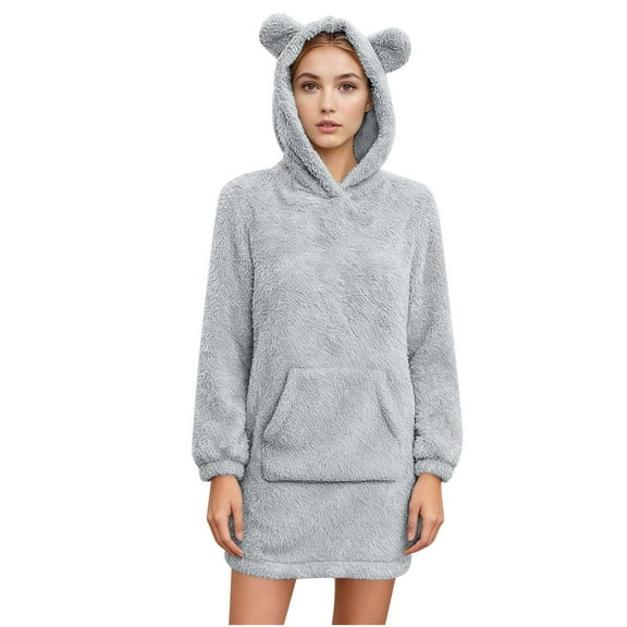 FAVIPT Sherpa Hoodie Pullover Women Cute Ear Hooded Sweatshirt Casual Fashion Winter Warm Loungewear Softshell Pocket Pajama Gray,M