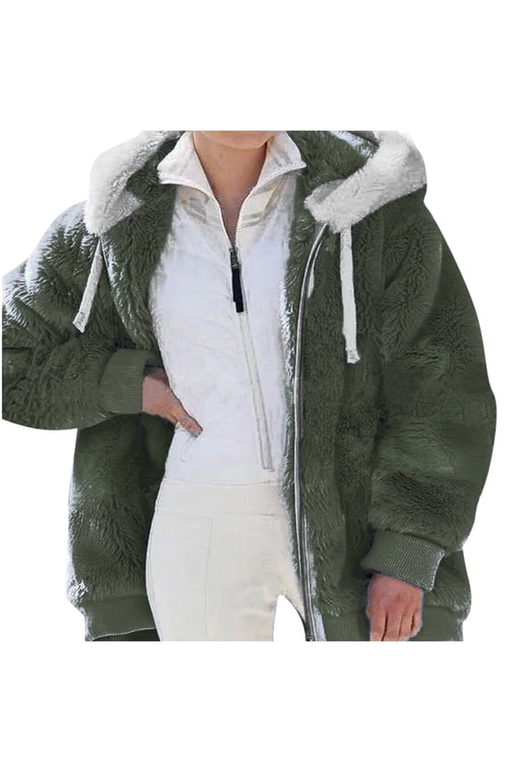 Sherpa Lined Winter Coats for Women Plus Fuzzy Fleece Jacket Color Block Coat with Hood Warm Shaggy Teddy Coats Army Green 3XL