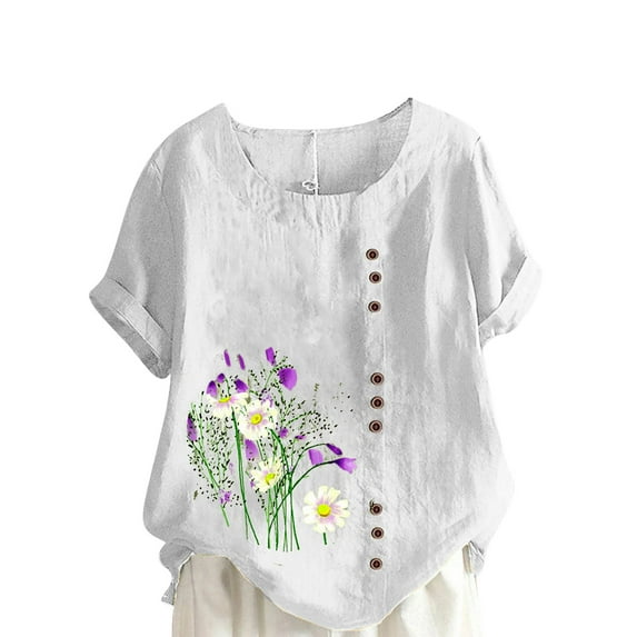 FAVIPT Short Sleeve Cotton Blouses for Women Bohemian Floral Print Soft Blouses Crew Neck Button Up Tops Casual Fashion Summer 2025 Tees White,XXXXL