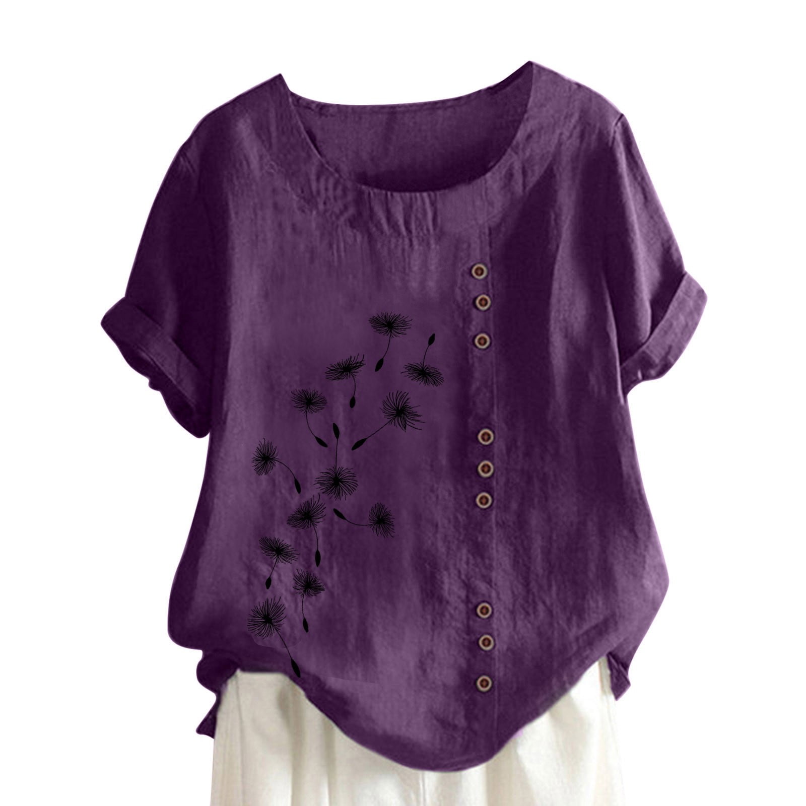 FAVIPT Short Sleeve Linen Shirts for Women Petite Crew Neck Buttons ...