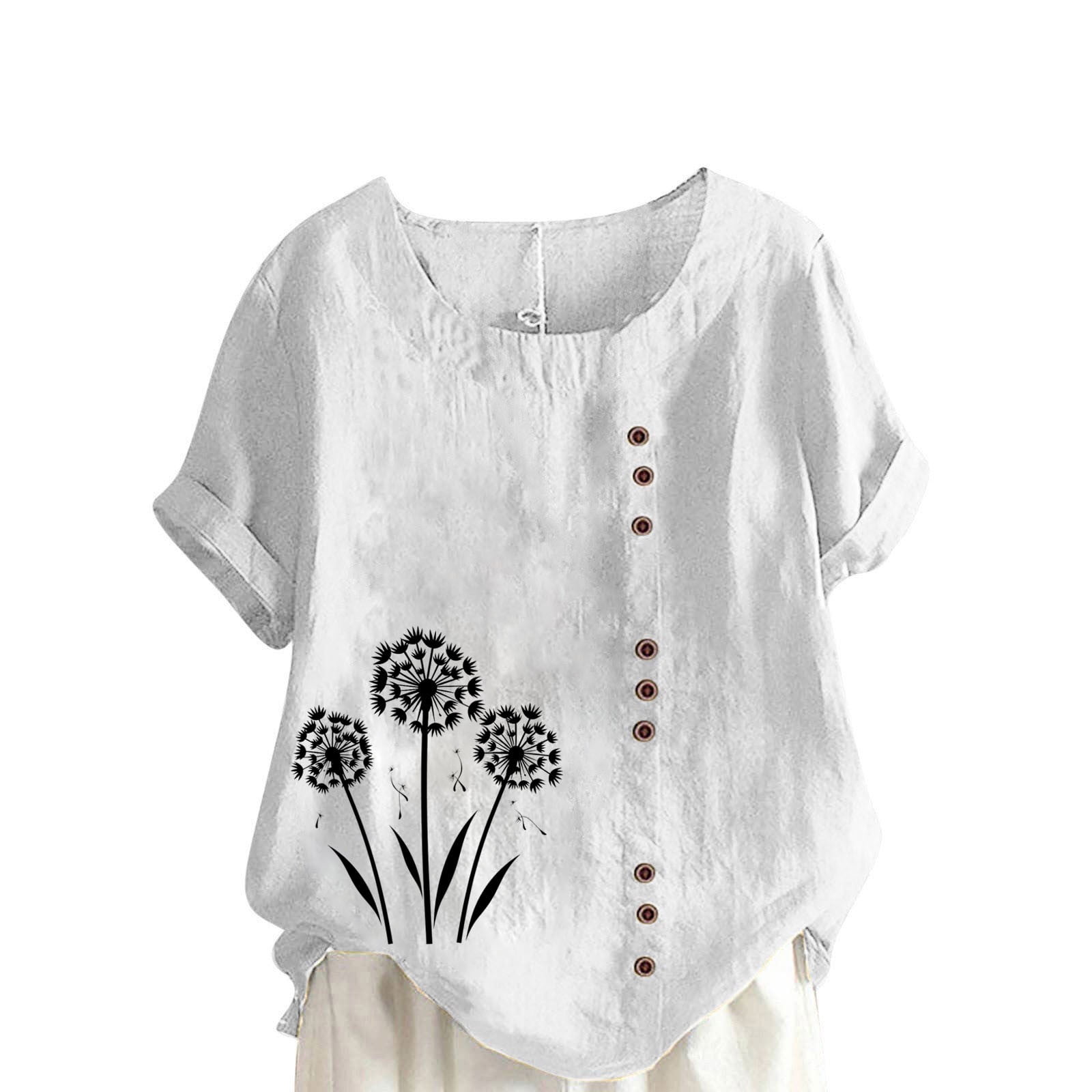 FAVIPT Short Sleeve Linen Shirts for Women Petite Crew Neck Buttons ...