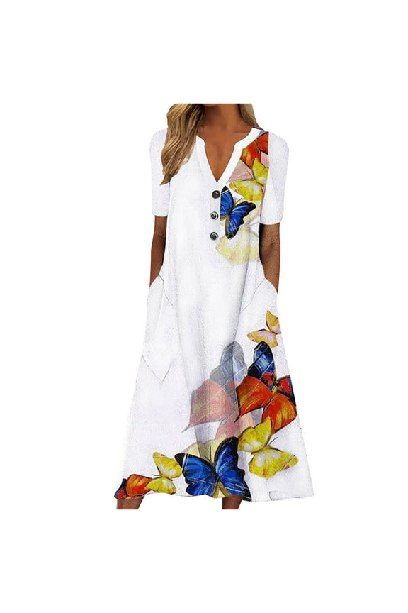 Short Sleeve Maxi Dress for Women V Neck Button Up Dresses Floral Print Beach Sundresses Casual Fashion Summer 2025 with Pockets Yellow,XXL