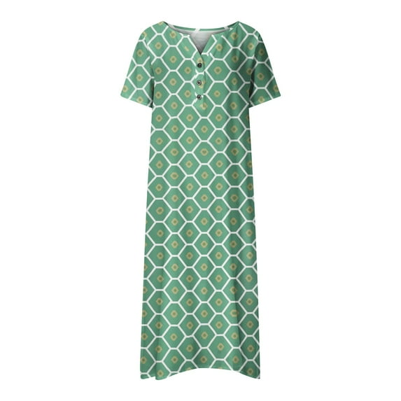 FAVIPT Short Sleeve Midi Dress for Women V Neck Button Up Dresses Floral Print Beach Sundresses Casual Fashion Summer 2025 with Pockets Green,S