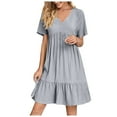 thumbnail image 1 of FAVIPT Short Sleeve Mini Dress for Women Solid Color V Neck Pleated Dresses High Waist Lace Loose Dress Casual Dressy Summer 2025 Dresses Gray,L, 1 of 8