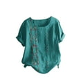 thumbnail image 1 of FAVIPT Short Sleeve Tunics for Women Cotton Crew Neck Floral Print Blouses Bohemian Basic Summer 2025 Tees Button Up Loose Camp Tops Green,XL, 1 of 2