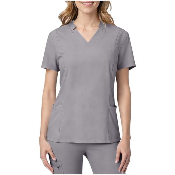 FAVIPT Short Sleeve V Neck Scrub Tops Women Stretchy Nursing Clinic Workwear Uniform with Pockets Gray,XL