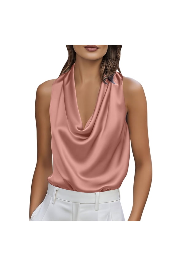 Silk Satin Tank Top for Women Cowl Neck Drape Business Shirts Trendy Going Out Casual Camisole Pink,S