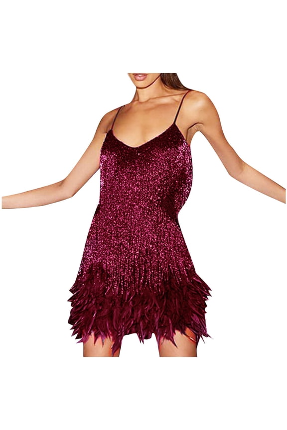 Sleeveless Sundresses for Women Sequin Sparkly Cocktail Patry Porm Feather Dress Crew Neck Plain Trap Mini Dresses Casaul Summer 2025 Wine,S