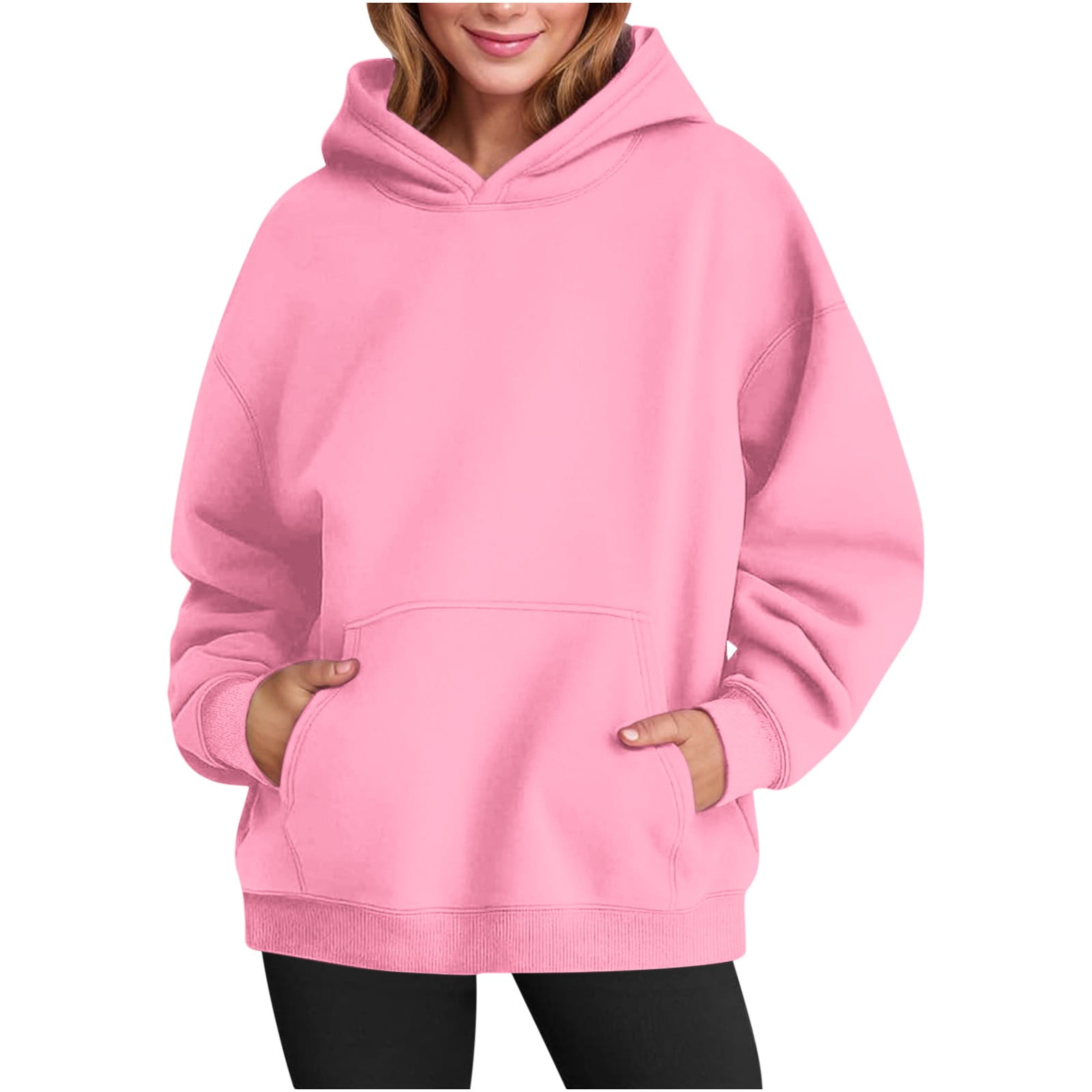Sweatshirts for Women Plus Size Hooded Pullover Solid Color Long Sleeved Casual Sweatshirt Gray