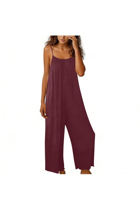Spaghetti Strap Jumpsuit Womens Boho Backless Sleeveless Pants Romper Casual Loose Wide Leg Overalls Wine,M